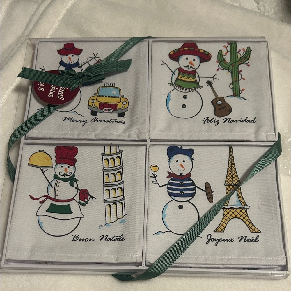 Snowman Holiday Coaster Set with Multilingual Greetings